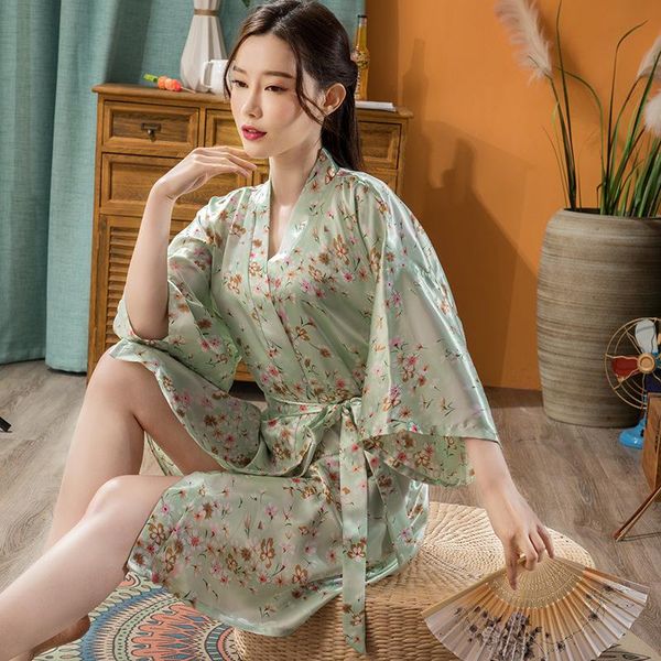 

ethnic clothing summer ladies kimono robe loose yukata 2021 thin floral print short dress japanese lace cardigan bathrobe, Red
