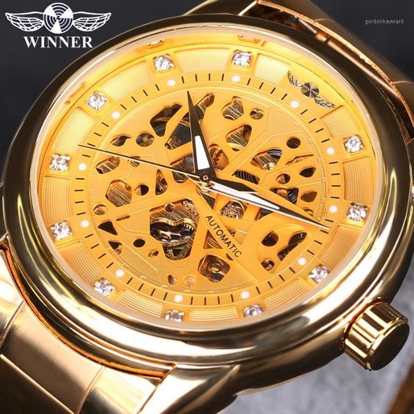 

men watch automatic self-wind male golden skeleton full steel diamond mechanical wristwatches clock, Slivery;brown