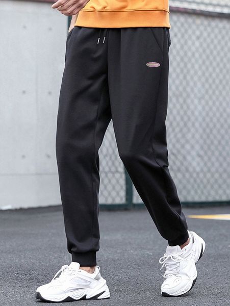 

men patched detail drawstring waist sweatpants u0lq#, Black