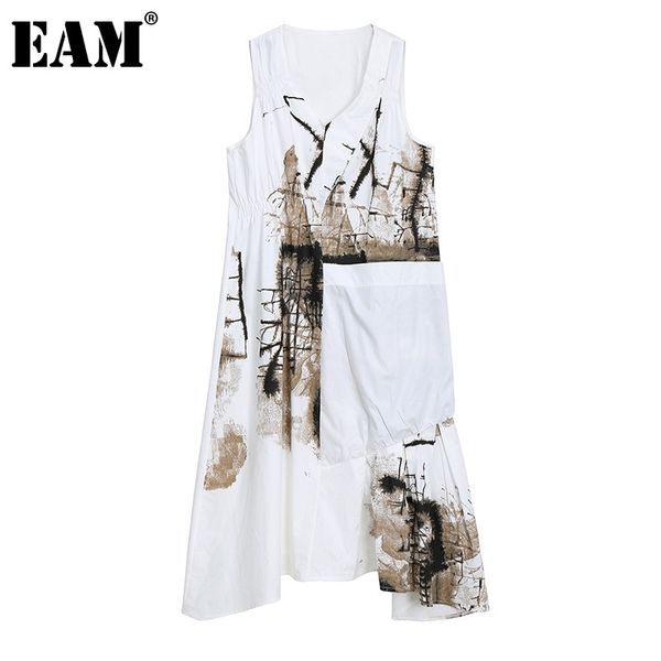 

[eam] women white print pocket irregular ruffle dress v-neck sleeveless loose fit fashion spring summer 1dd8174 210512, Black;gray
