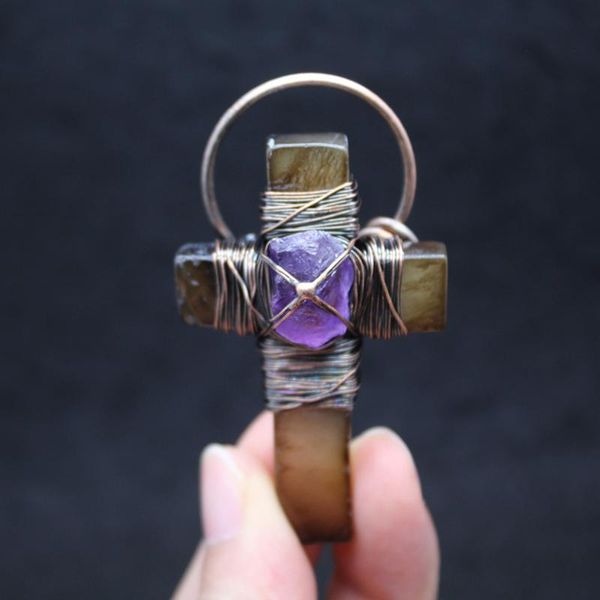 

pendant necklaces antique copper cross natural gem stone necklace wire wrapped agates quartz amethysts purple crystal for women, Silver