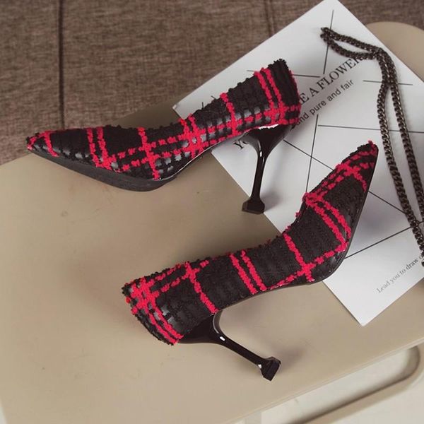

dress shoes woman pumps comfortable high heels stiletto single trend plaid female concise wedding high-heeled tacon mujer y21-55, Black