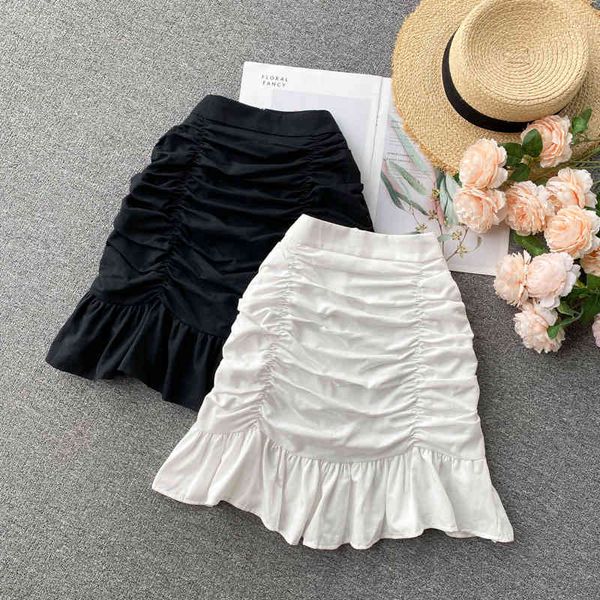 

singreiny women fashion ruffles skirt design elegant solid ruched a-line skirts summer korean a-line streetwear mini skirt 210419, Black