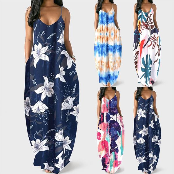 

long fashion summer casual womens dresses print v neck sleeveless, Black;gray