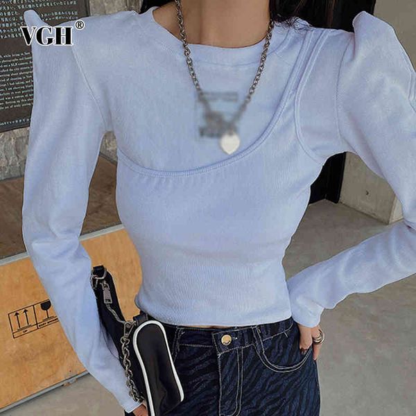 

vgh black slim t shirt for women o neck long sleeve casual minimalist basic t shirts female fashion new clothing spring 210421, White