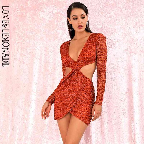 LoveLemonade Sexy Orange Deep V-образным вырезом Открытый задний крест Блеск клееный материал Slim Fit Party платье LM82065 210409
