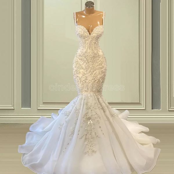 

2022 african spaghetti strap mermaid wedding gowns beaded embroidery lace wedding dresses sweep train organza bridal gown formal robes de ma, White
