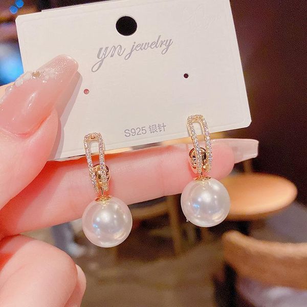 

stud the design is simple, zircon pearls and fashionable three-wear zc earrings 14k real gold for women, Golden;silver