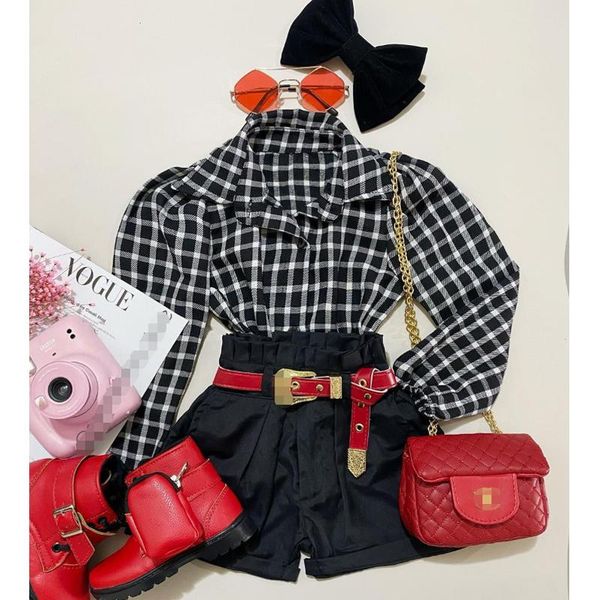 

clothing sets focusnorm 1-6y fashion autumn kids girls 2pcs clothes plaid printed single breasted shirts +high waist shorts, White