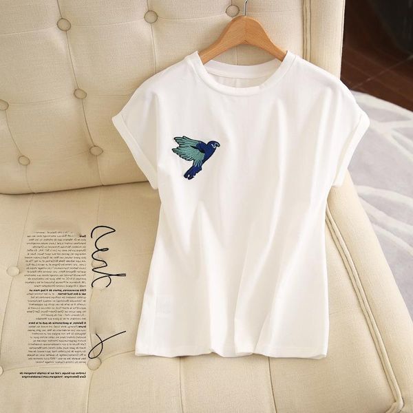 

women's t-shirt summer roll sleeve round neck embroidered bird short, White