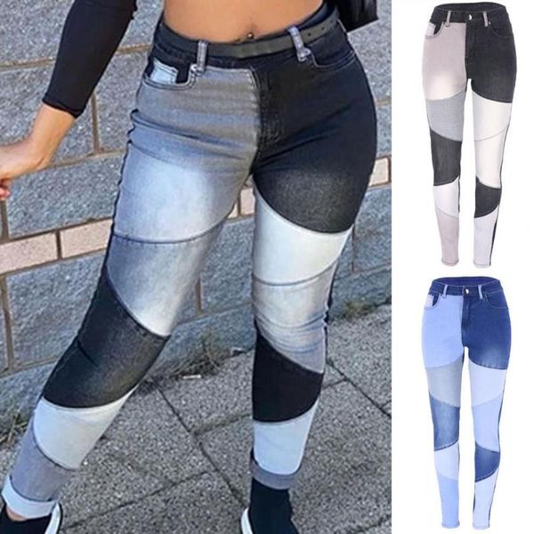 

women's jeans slim for women skinny high waist splicing casual tight denim trousers daily pencil pants jean femme, Blue
