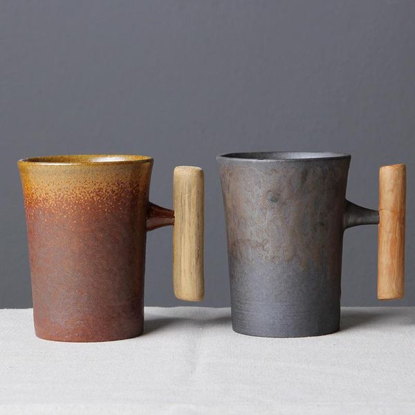 

300ml vintage crude ceramic coffee mug tumbler rust glaze with wooden handgrip tea milk beer water cup home office drinkware mugs