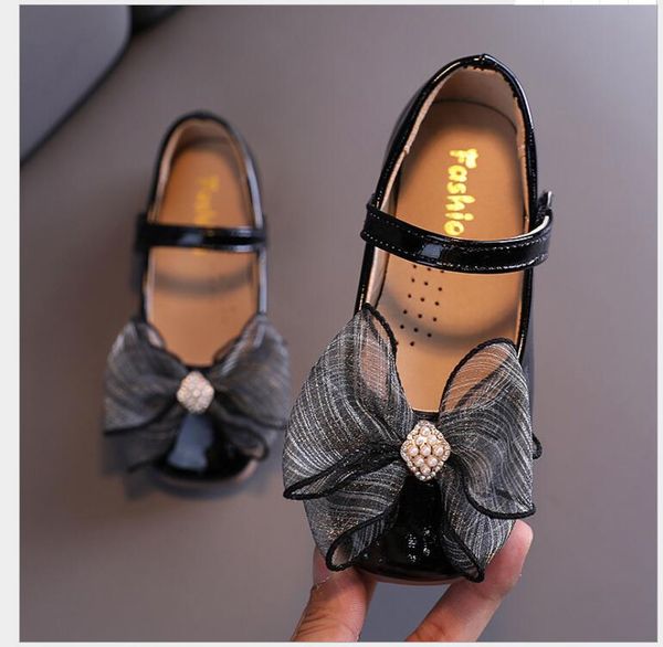 

flat shoes fashion girls patent leather princess big bow rhinestone party for kids dress autumn spring child baby, Black;grey