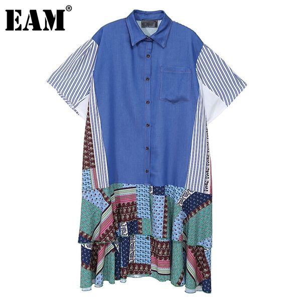 

[eam] women blue big size denim spliced striped dress lapel short sleeve loose fit fashion spring summer 1dd6987 210512, Black;gray