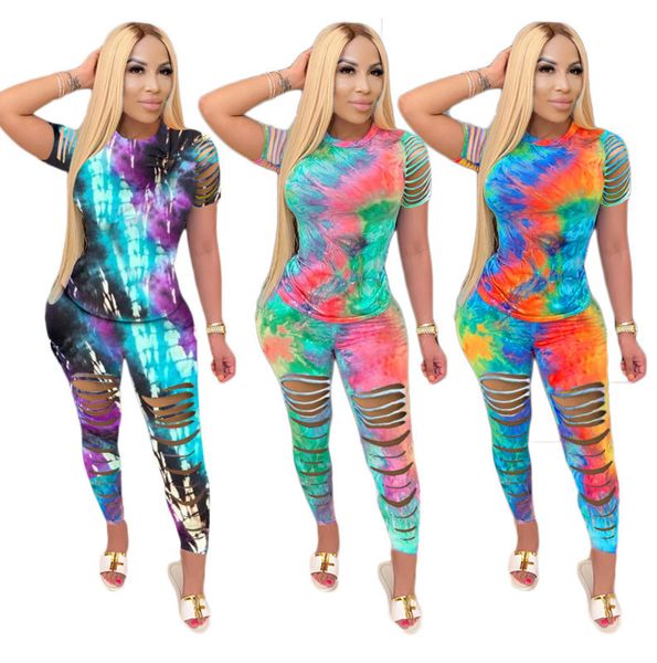 

women's tracksuits women tie dyed flower two-piece set hollow print t shirt trousers suit plus size long pants ladies casual wear, Gray