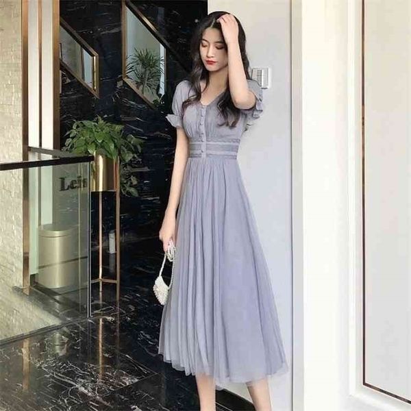 

summer female v-neck short puff sleeve a-line women dress slim korean style mesh elegant vintage vestidos, Black;gray