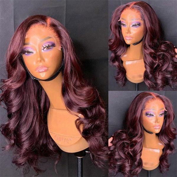 

lace wigs 13x4 front human hair with baby dark 99j for women 26inch body wave burgundy, Black;brown