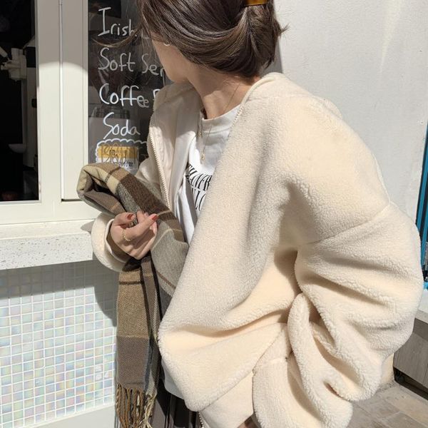 

women's knits & tees the smallest sea korean style hooded drawstring lamb wool coat autumn and winter wild loose zip short outer wear, White