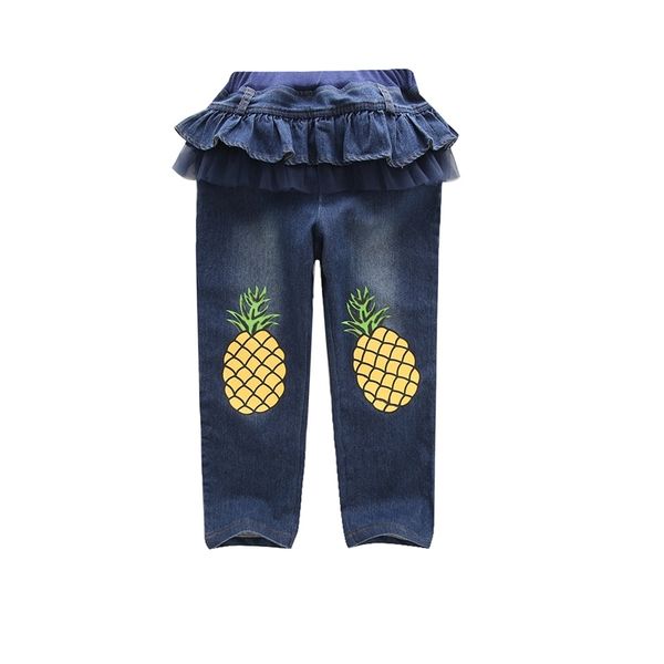 

girls' cartoon printed mesh wash denim rib waist jeans, White