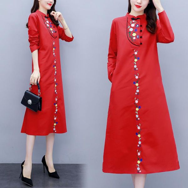 

elegant floral embroidery red cheongsam qipao spring festival cotton linen chinese dress traditional qi pao modern ethnic clothing