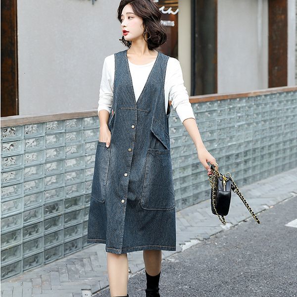 

women's vests denim vest women 2021 spring fall new loose plus size waistcoat striped outercoat cardigan mid-length jeans jacket c, Black;white