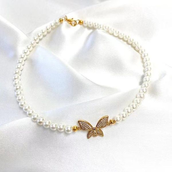 

chokers 2021 french retro boutique jewelry necklace for women pearl chain small flower butterfly pendant trend fashion accessory gift, Golden;silver