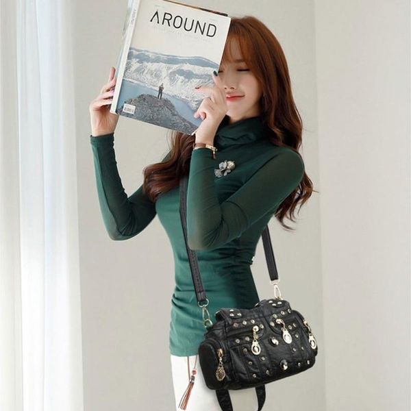 

waist bags 066c retro women tote contrast stitching bag multi pocket shoulder pu leather handbag large internal capacity