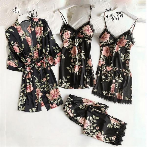 

5pcs pajamas sleep set women sleepwear nightwear v neck lace nightie bathrobe wear home suit negligee spring robe gown, Black;red