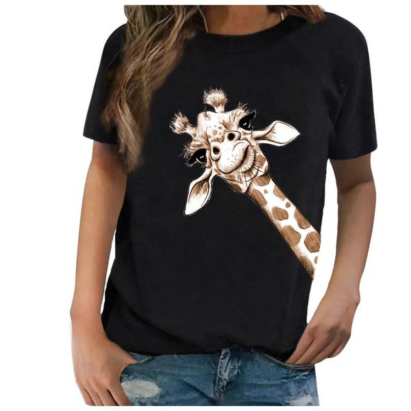 

women t shirt summer giraffe print o neck shirts short sleeve black blusas mujer de moda 2021 #yl10 women's t-shirt, White