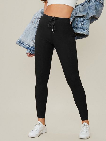 

drawstring waist solid leggings a6qx#, Black