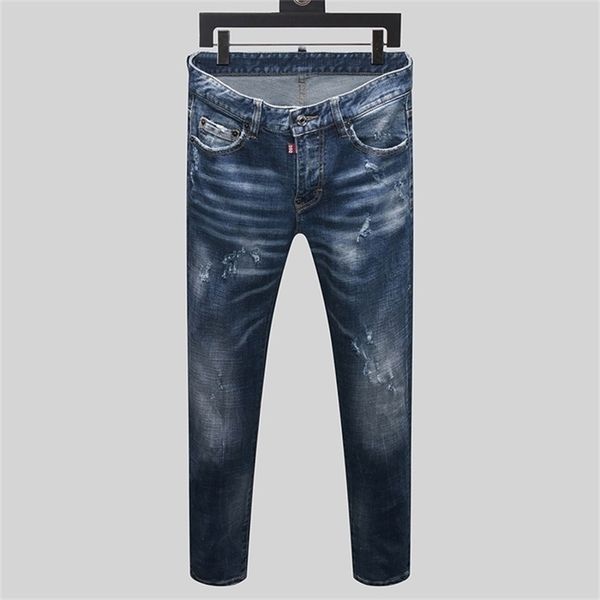 Jeans elasticizzati slim da uomo stile europeo di marca dsq Pantaloni da uomo in denim dritto con cerniera Slim foro a strisce blu per uomo 8171 210716