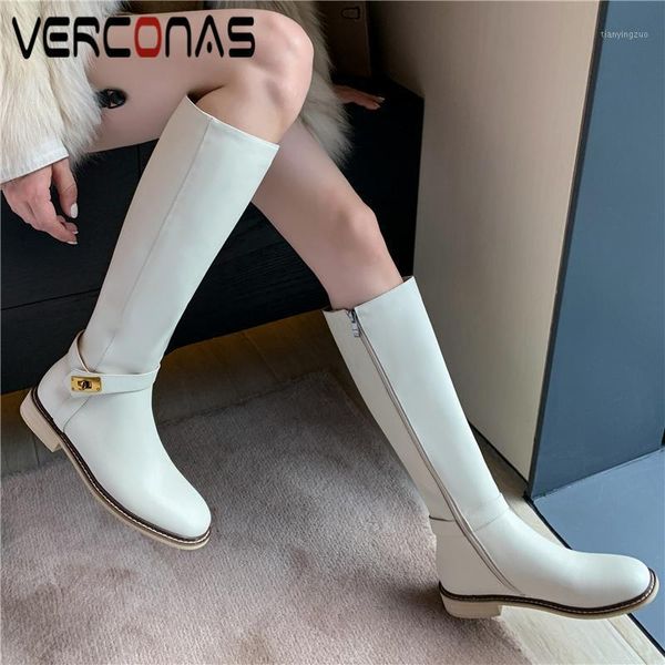 

boots verconas basic autumn winter knee-high for women low heels shoes woman genuine leather metal decoration zipper long1, Black