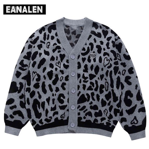 

harajuku vintage heart knitted sweater men's spot contrast color oversized pullover leopard retro cardigan winter et, Black;white