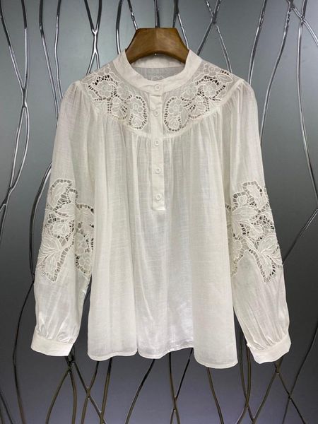 

women's blouses & shirts linen blouse 2021 summer style women hollow out embroidery long sleeve casual loose white black f