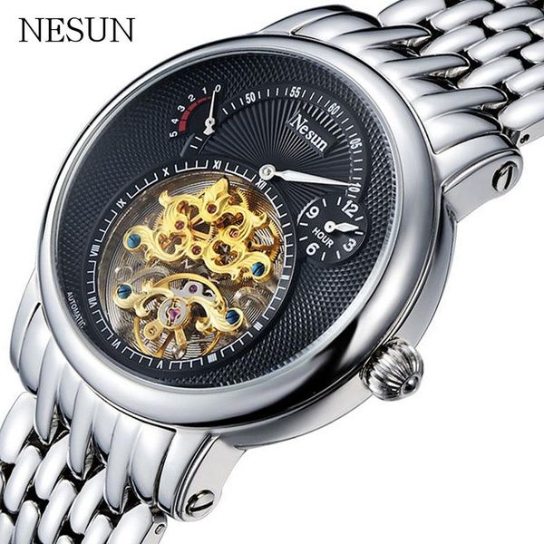 

wristwatches nesun watch brand men's automatic mechanical casual stainless steel waterproof fashion hollow watches, Slivery;brown