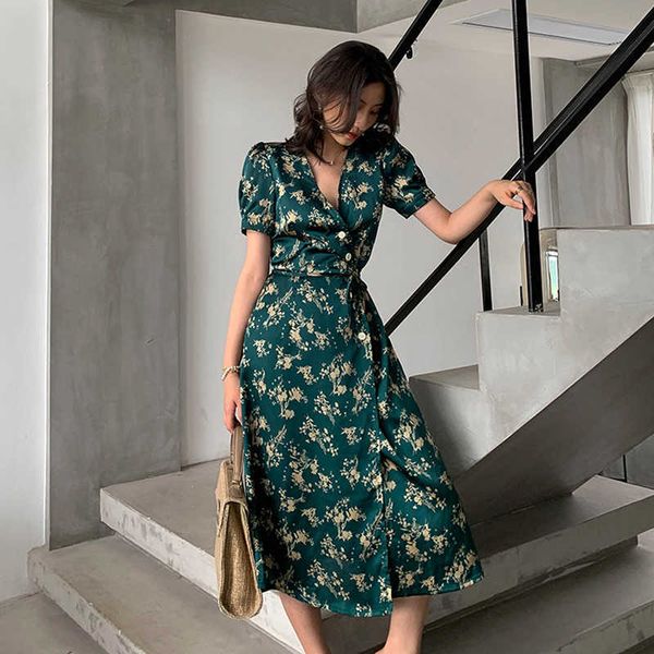 Summer Modern Lady Elegant Wrap Dress Stampa floreale Raso Vita alta Con cintura Scollo a V Vintage Verde Donna Vestidos 210608