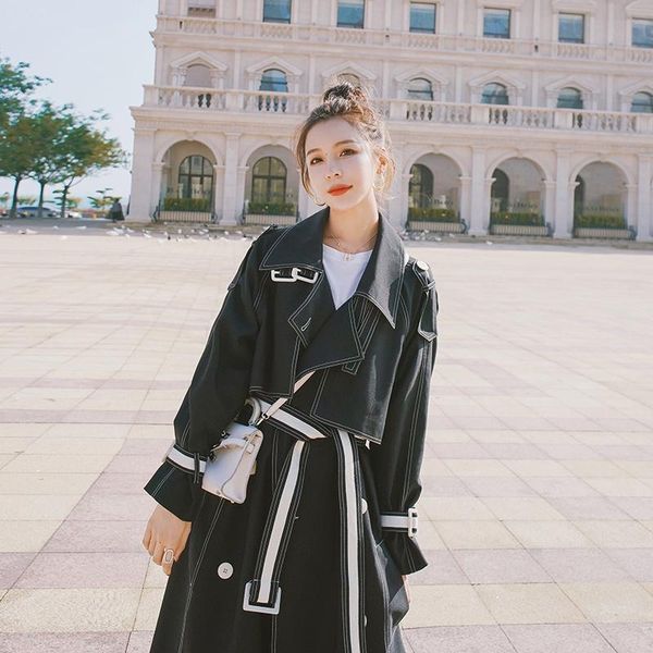 

women's trench coats brand european style women coat lady windbreaker with belt spring fall female outerwear black burgundy clothes, Tan;black