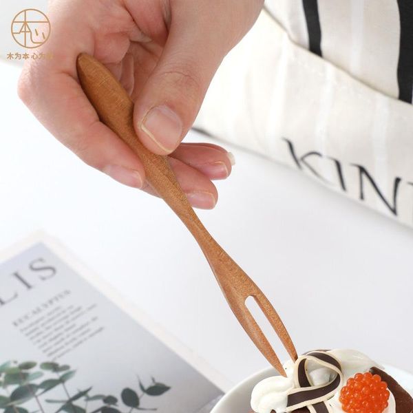 

forks wooden fruit fork lotus wood bidentate toothpick west cake special bucket end