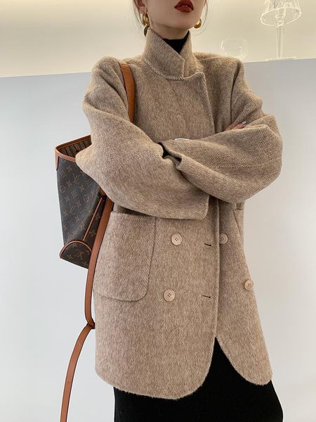 

women's wool & blends high end sheep camel hair soft waxy double breasted sided cashmere coat female edition fur, Black