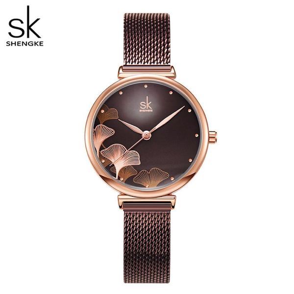 

shengke 2021 women watches elegant flower 32 mm dial coffee mesh band japanese quartz movement luxury relogio feminino wristwatches, Slivery;brown