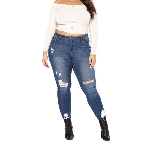 

women's jeans women high waist stretch denim knees distressed skinny jean female lady bottoms plus size summer pants, Blue