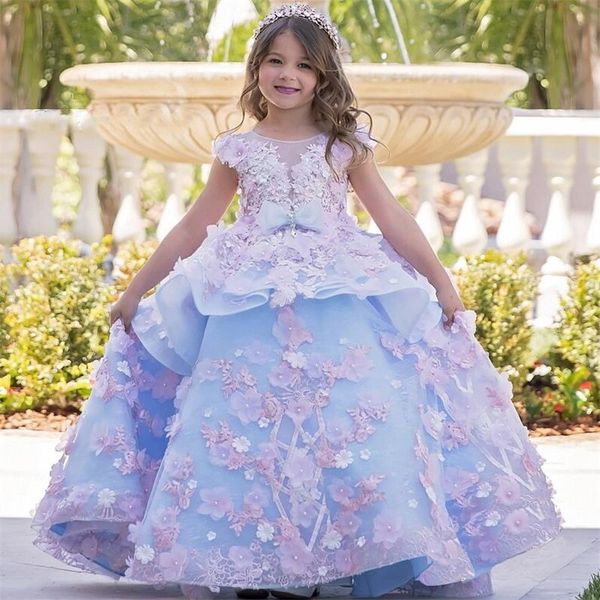 

lovely puff ball gown flower girls dresses lace applique beading pageant gowns with bow sash ruffles girl' birthday party dress, White;blue