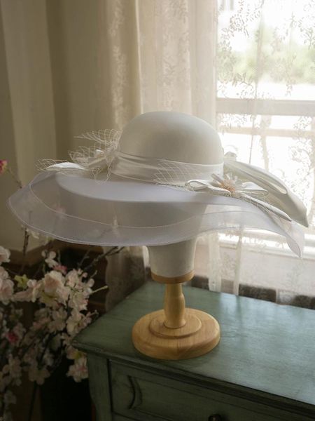 

stingy brim hats 2021 large wedding hat wide gauze mesh bow fairy bride po shooting satin fedora cap formal party show headwear, Blue;gray