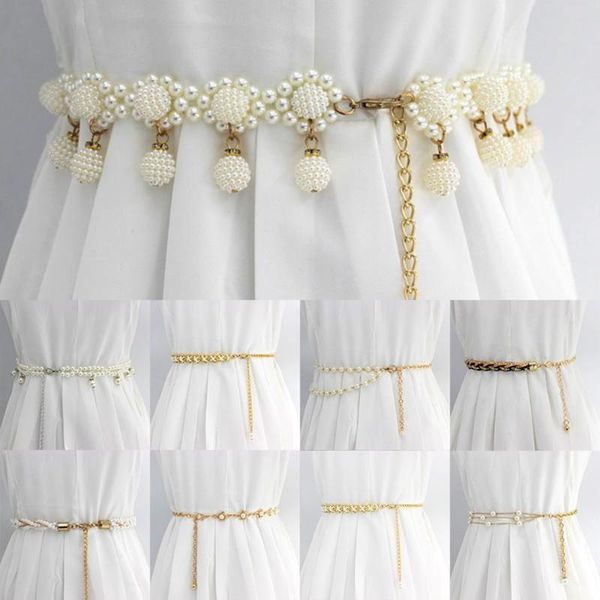 

belts 1pcs fashion elegant beaded hook pearl decorative metal belt women thin waistband waist chain dress, Black;brown
