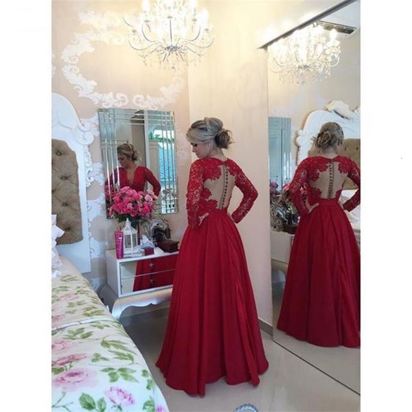 

evening dresses long sleeve a line es v neck sheer back red lace party prom gowns custom made, Black;red