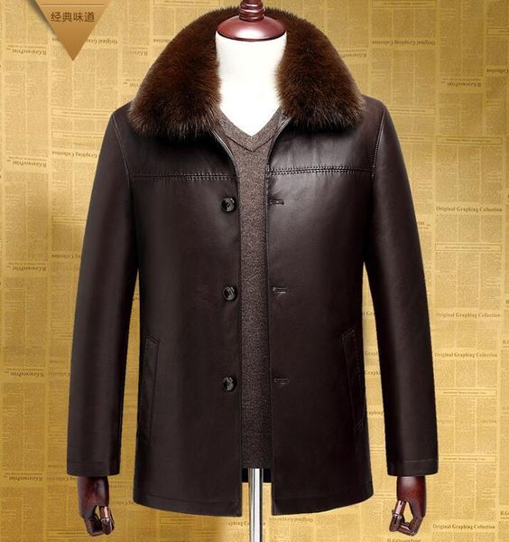 

men's fur & faux m-4xl /spring male fashion middle-aged collars leisure leather lapels coat, Black