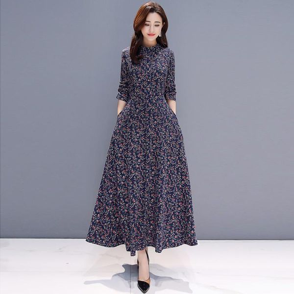 

temperament large size -5xl dress 2021 spring fashion stand flower print long sleeve woman vintage loose casual dresses, Black;gray