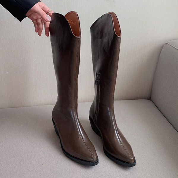 

boots 2021 women brown high heels wedges long lady riding cowboy winter designer pointed toe knee thigh, Black