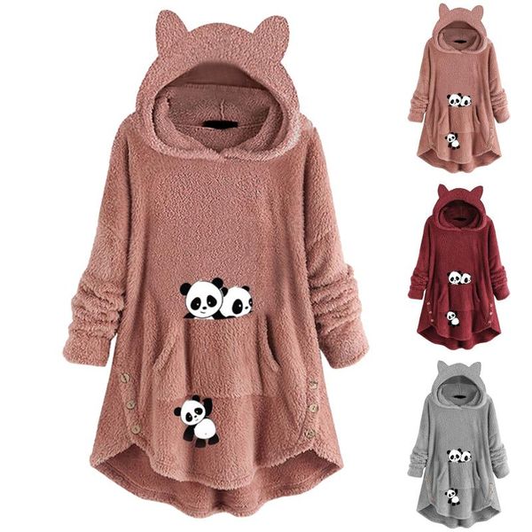 

women's hoodies & sweatshirts oversize hoodie womens fleece teddy panda print warm hooded blanket pullover jumper, Black