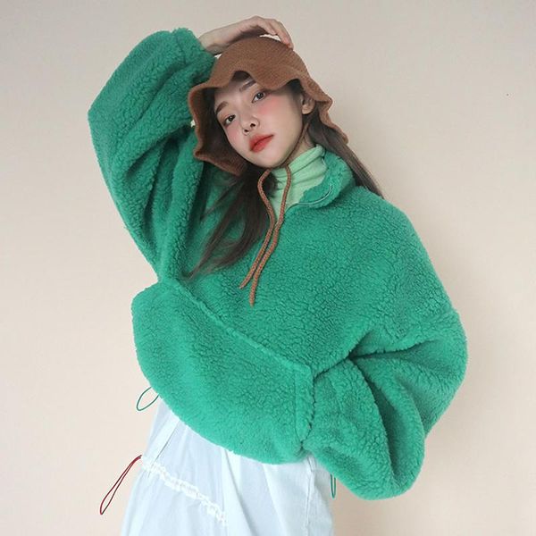 

women's hoodies & sweatshirts chic winter lovely zipper stand lead loose big pocket keep warm 2021 korean fashion woman green sweatshir, Black